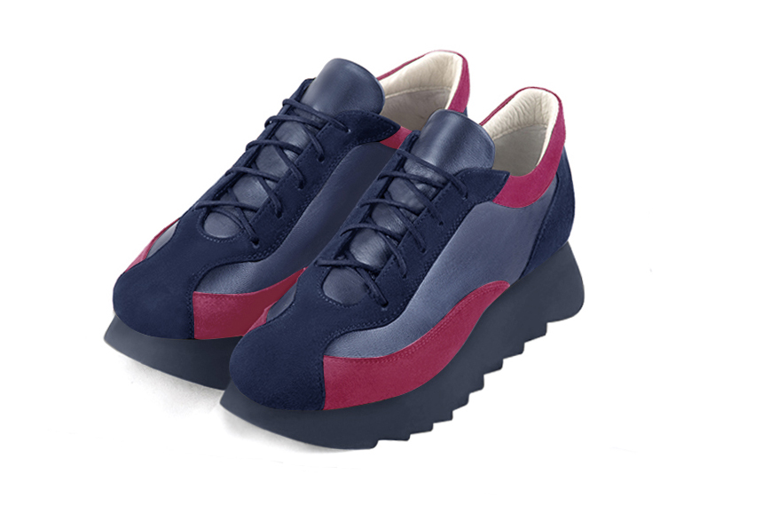 Navy blue and fuschia pink women's elegant sneakers. Round toe. Low rubber soles. Front view - Florence KOOIJMAN